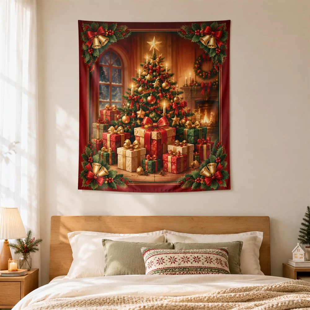 VIKAMA Gift Boxes Corner Motif Christmas Tapestry Wall Hanging, Holiday Room Decor Tapestries for Living Room Bedroom Hallway
