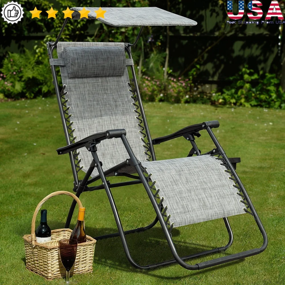 

Zero Gravity Chair Outdoor Folding Recliner with Sunshade Canopy and Cup Holder Beach Pool Lawn Relaxation