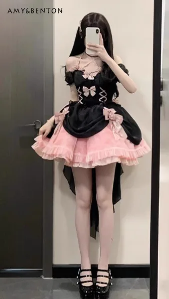 

2025 Summer New Black Pink Flower Applique Lolita Bow Tail Short Slim High Waist Princess Dress Birthday Party Gown