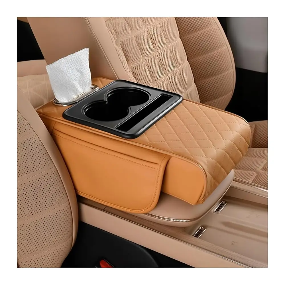 

Car Center Console Armrest Pillow, Memory Foam Leather 4 in 1 Vehicle Arm Rest Cover with Tissue Box 2 Side Storage Bag Cup