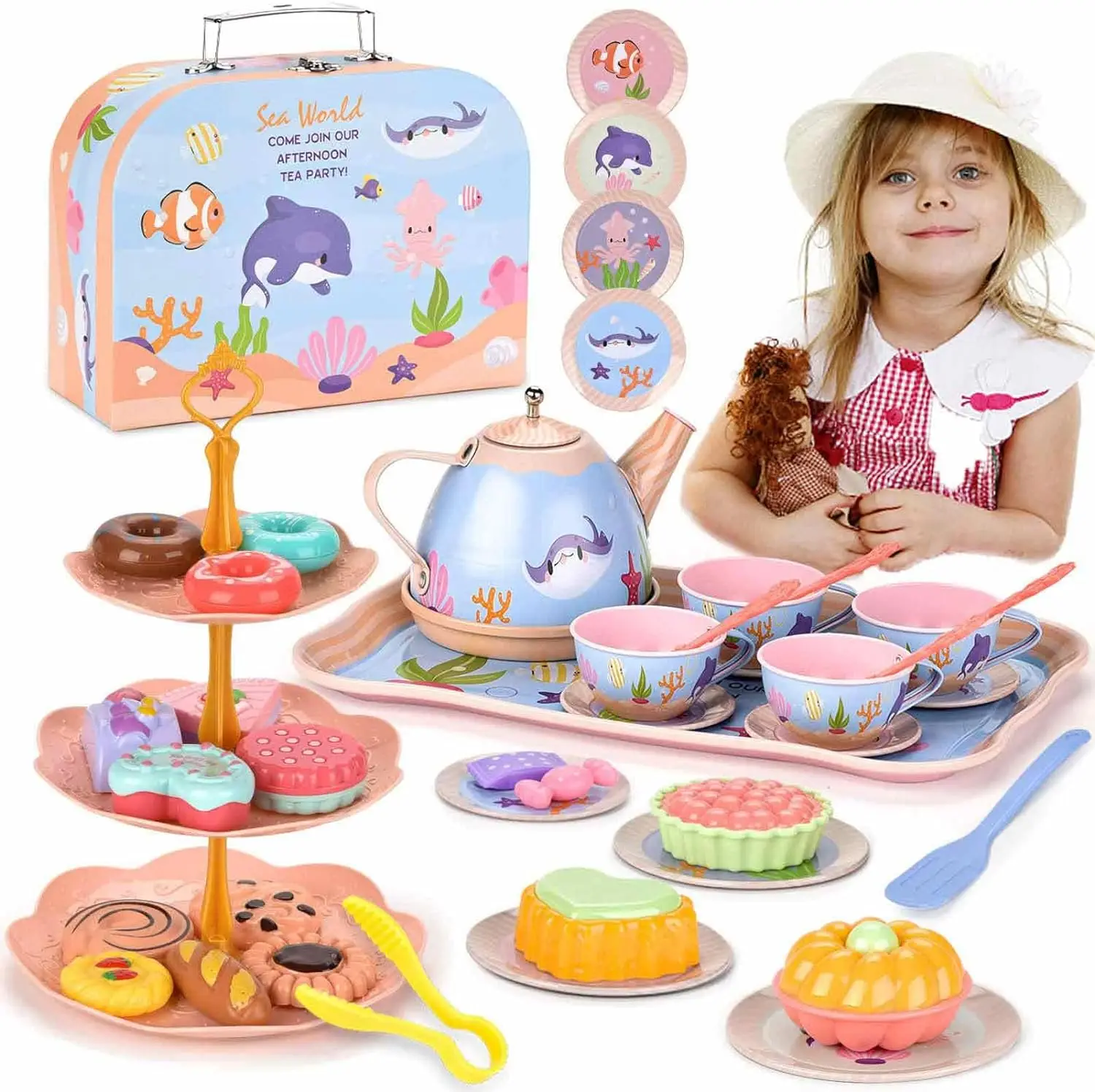 Girls Gift Princess AfternoonTea Party Set Toy Kids Kitchen Pretend Play Toy with Tin Tea Set, Desserts & Carrying Case,45Pcs