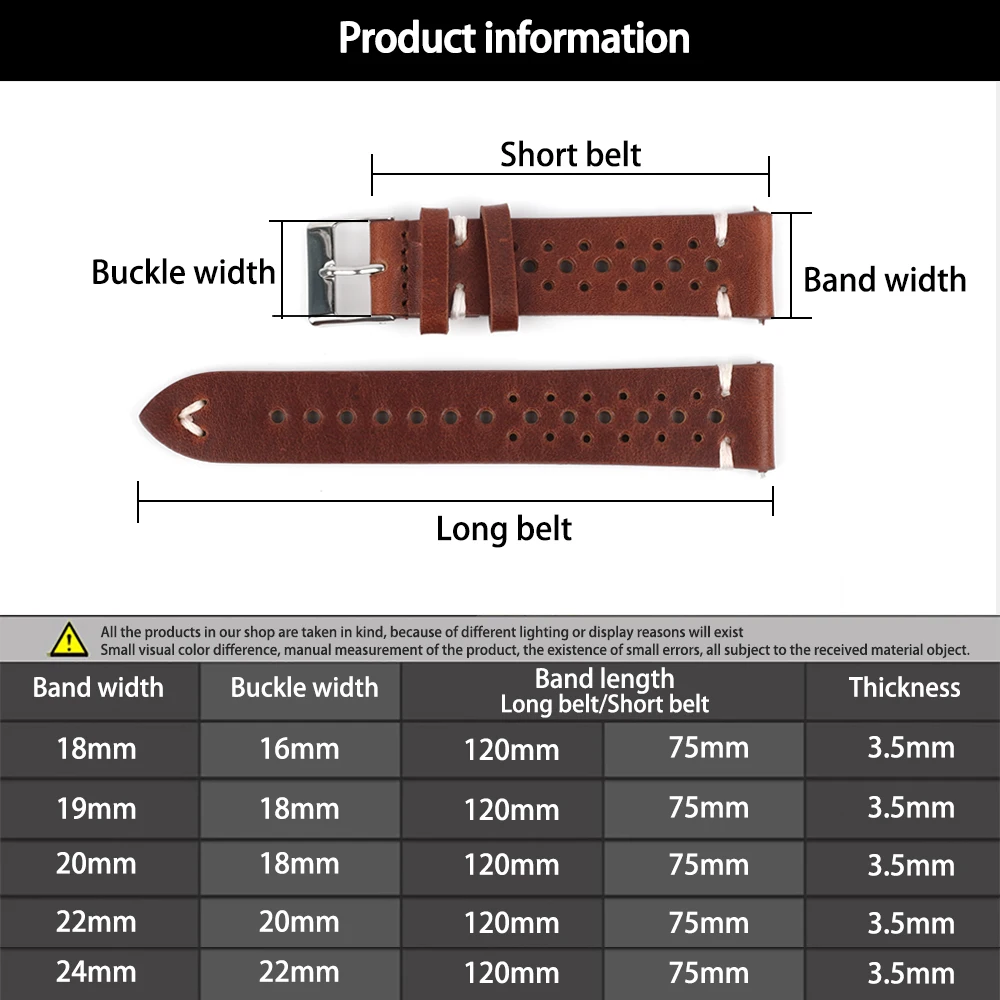 Cowhide Leather Handmade Porous Watch Strap Breathable Oil Wax Watch Band 18mm 20mm 22mm 24mm Men Wrist Watch Strap