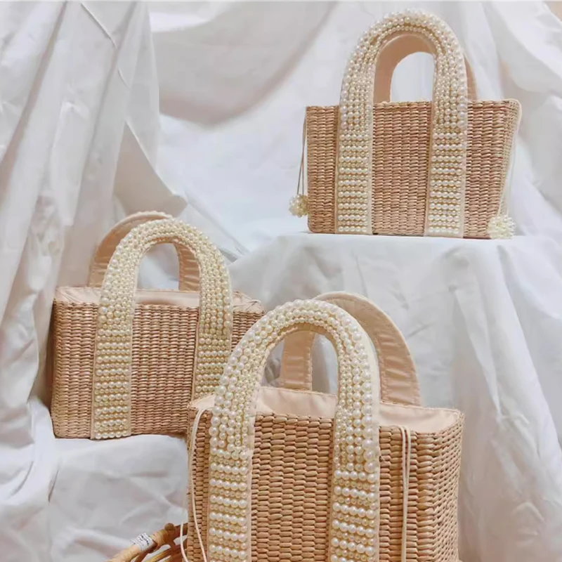 

Роскошная соломенная корзина с жемчугом, большая сумка через плечо для женских сумок и кошельков