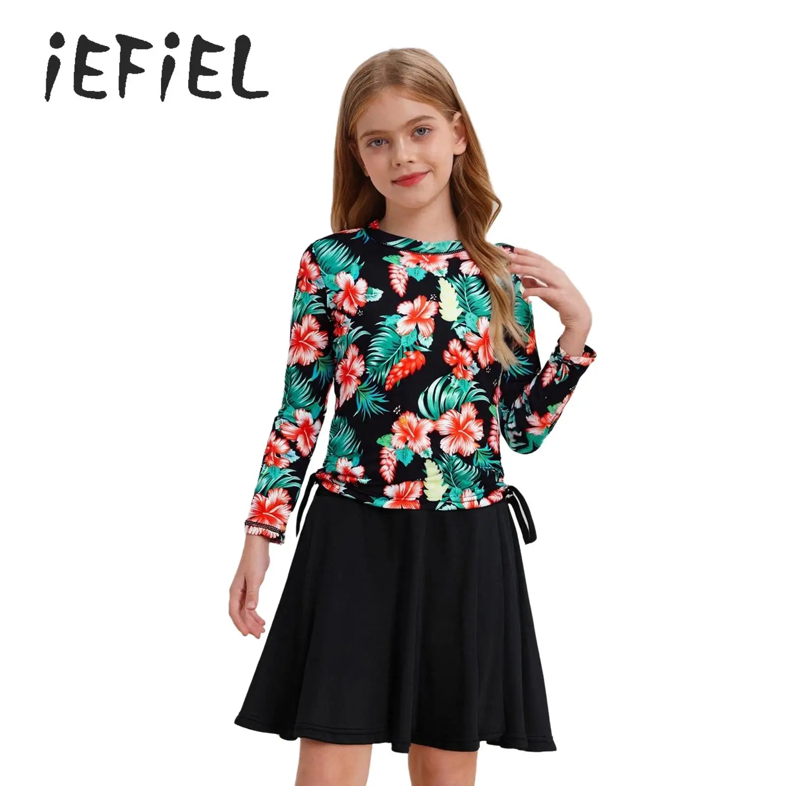 

2Pcs Kids Girls Print Swimsuit Childs Rash Guard Set Sun Protection Swimwear Long Sleeve Swim Dress And Skirt Beach Bathing Suit
