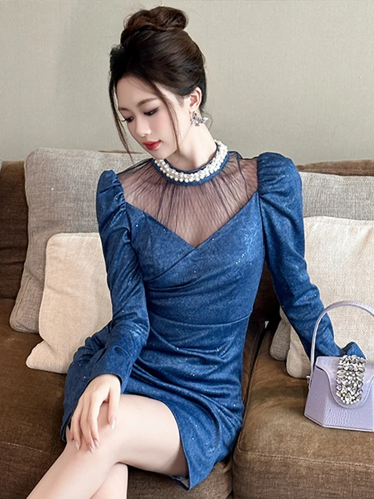 여성 의류 메쉬 시스루 섹시 플레어 슬리브 슬림 숏 드레스 우아한 여성 패션 이브닝 파티 프롬 베스티도 피에스타 캐주얼 신상품