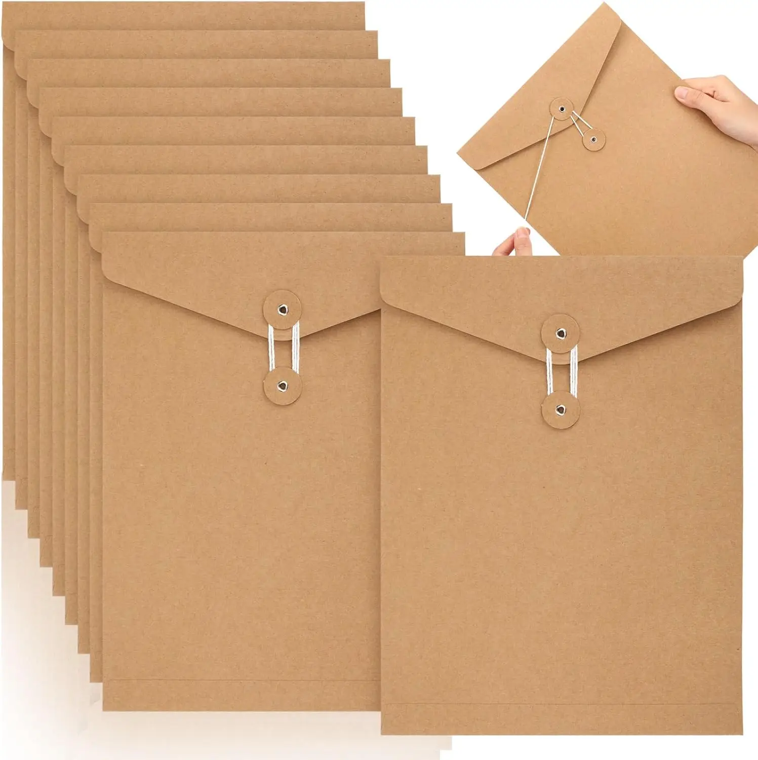 

10 Pack Kraft String Envelope File Folder Brown A4 Letter Size Brown Paper Folders 12.2 x 9.2 Inch Project Pockets