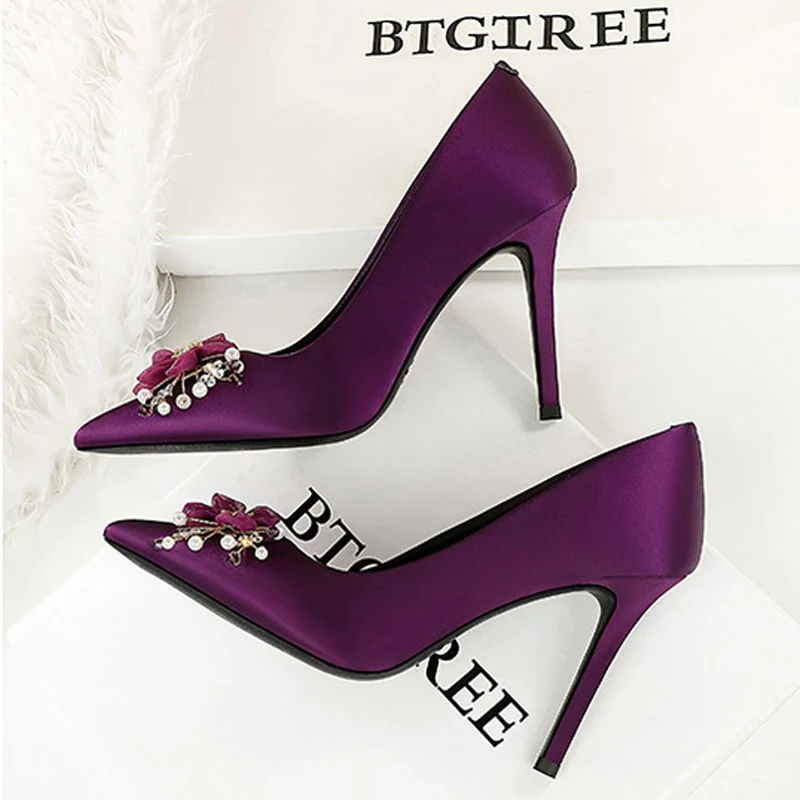 

BIGTREE Sexy 10CM Thin High Heels Rhinestone Flower Women's Pumps Street Style Pointed Toe Striptease Party Shoes