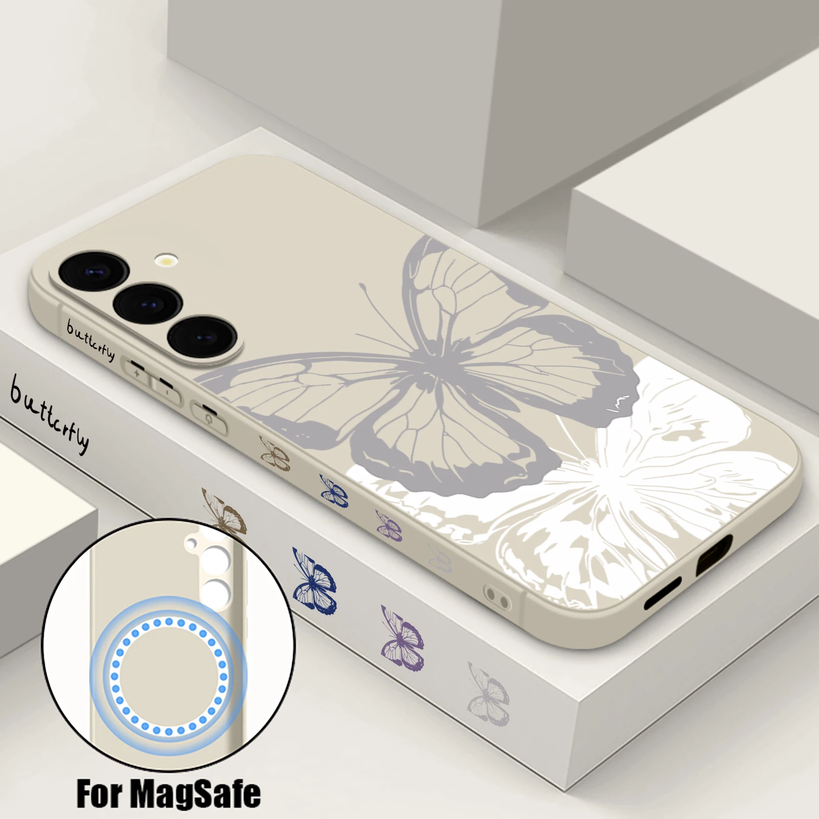 Line Butterfly Magnetische Handyhülle für Samsung Galaxy S25 S24 Ultra S23 S22 Plus S24 FE A17 A56 A55 A16 A15 A36 Weiche TPU-Abdeckung