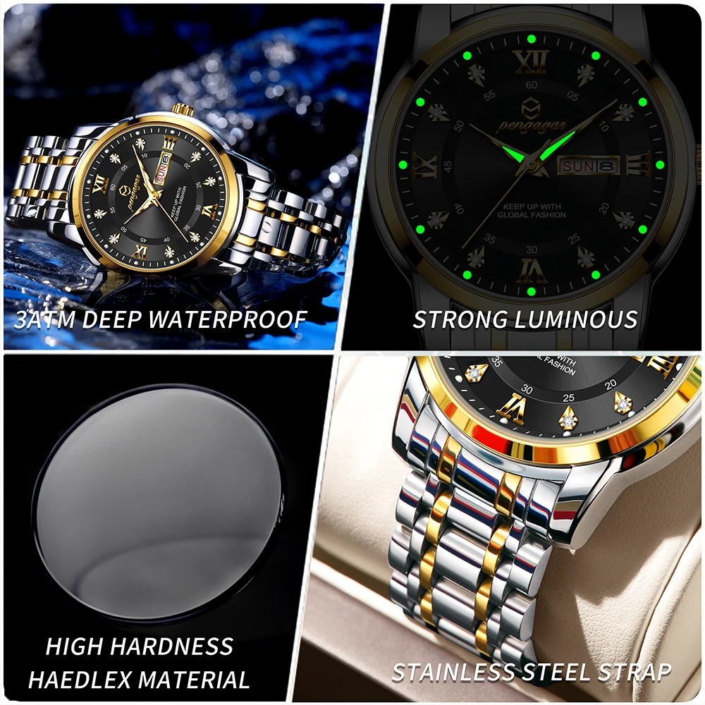 PENGAGAR Luxury Man Wristwatch Waterproof Luminous Date Week Stainless Steel Watch For Men Sport Quartz Men\'s Watches Male Reloj