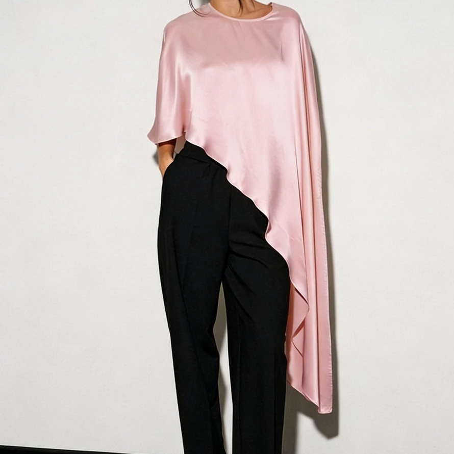 Luxury Women Satin Asymmetrical Hem Poncho Solid Color Round Neck Loose Shawl Wraps Cape Tops