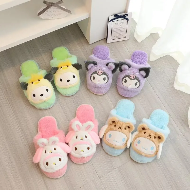 Sanrio Kulomi cute sweet warm home women's shoes Melody cartoon versatile non-slip flat-bottomed plush cotton slippers