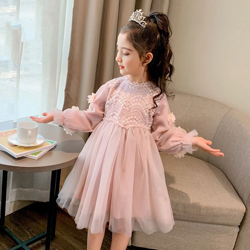 Autumn Winter New Fashion Kawaii Girls Party Dress Solid Appliques Long Sleeve Kids Princess Dress Cute Sweet Children\'s Clothes