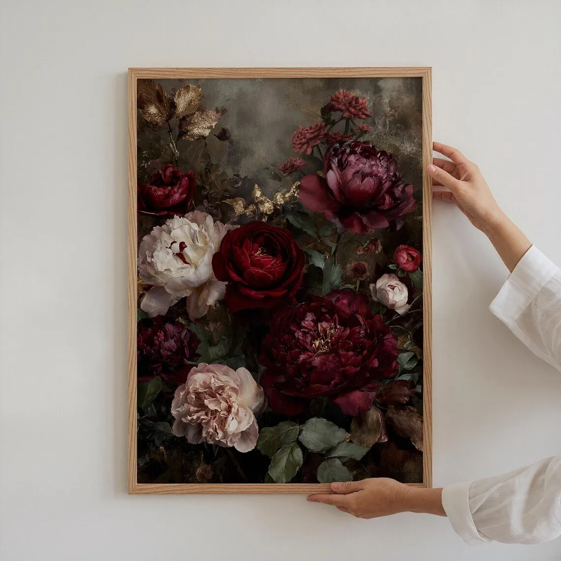 Estampado de peonías florales oscuras, arte de pared botánico Moody, póster de flores de estilo Vintage, decoración de pared de naturaleza muerta holandesa, imagen de peonía Borgoña