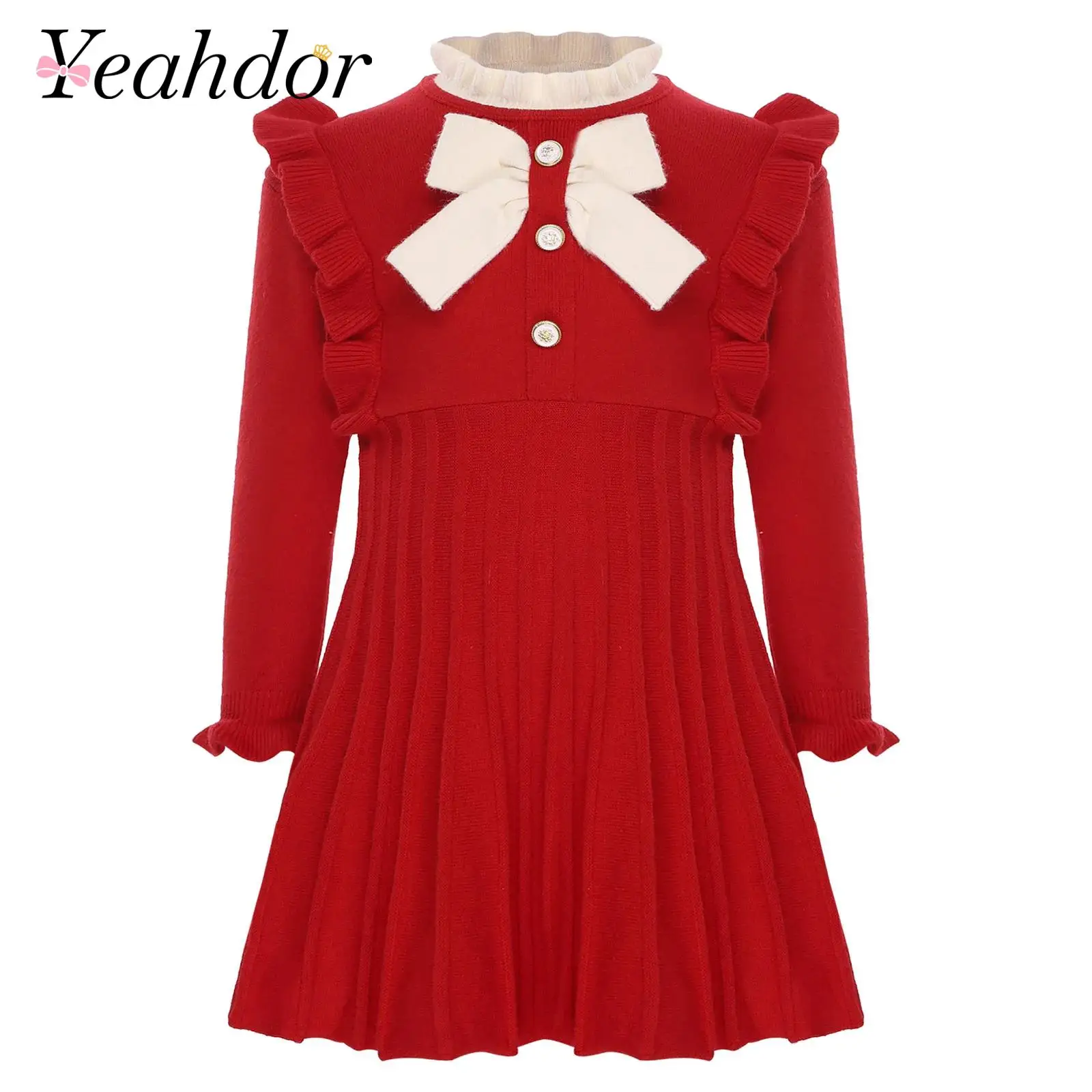 

Girls Preppy Style Fall Winter Warm Clothes Kids Dress for Girl Sweater Dress Long Sleeve Cute Bow A-line Birthday Party Outfit