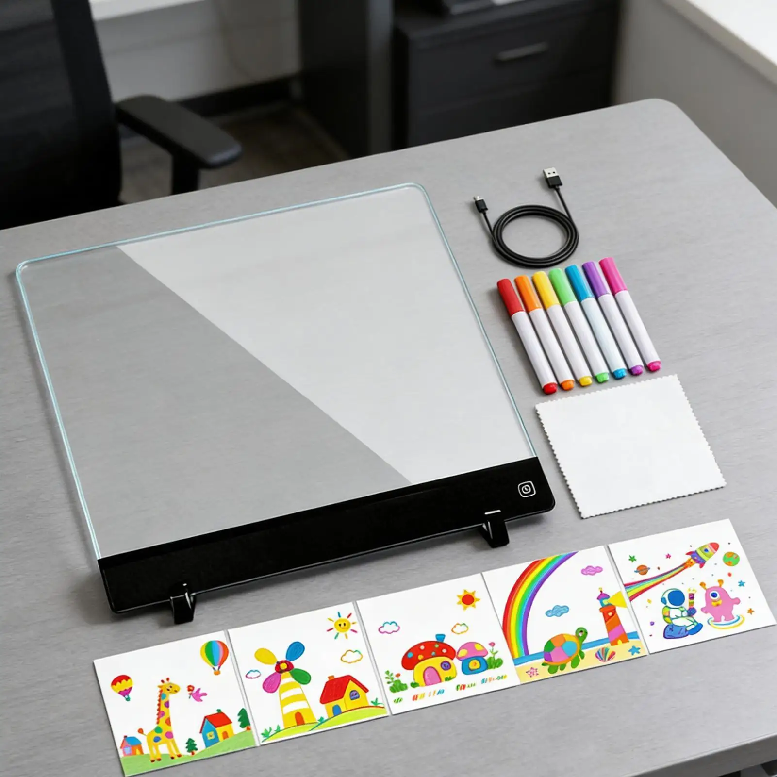 กระดานวาดภาพเรืองแสงสำหรับเด็ก ชาร์จซ้ำได้ 4 โหมด กระดานข้อความ LED ลบได้ พร้อมปากกา 7 ด้าม สำหรับเด็กชาย เด็กหญิง และโรงเรียน