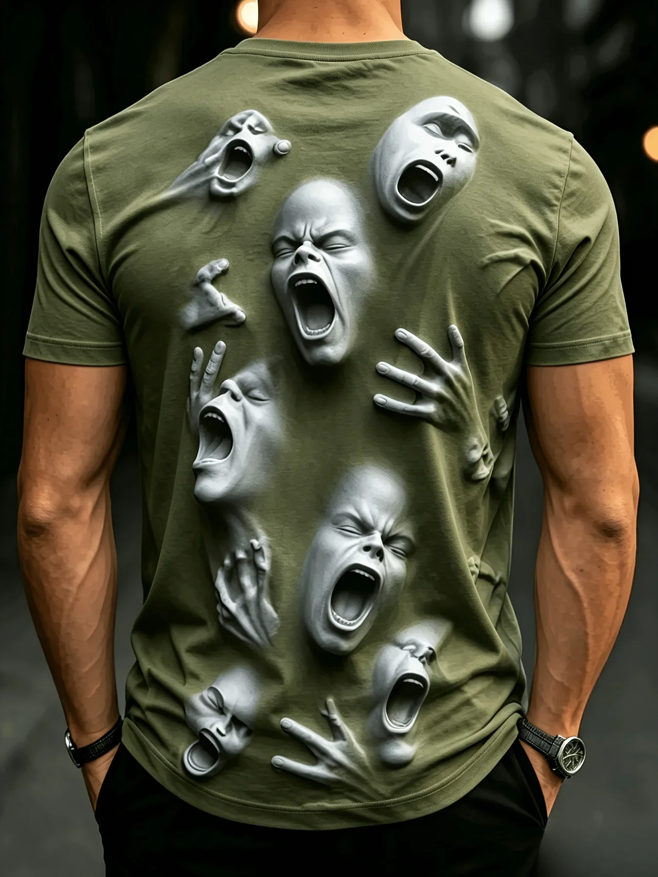 3D Screaming Faces Print T‑Shirt, Surreal Horror Art Tee, Gothic Streetwear Men Short Sleeve Top, Weird Aesthetic Graphic Shirt