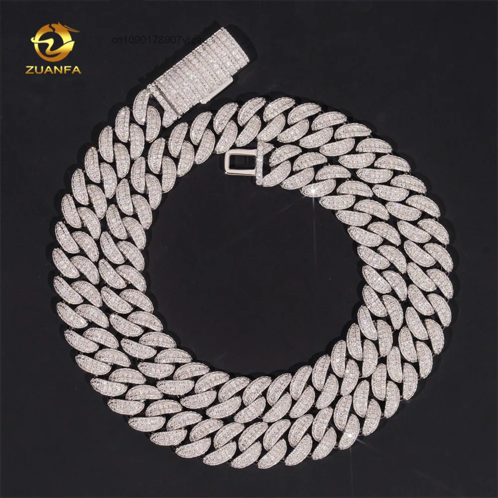13mm Popular Cuban Link Chain 925 Sterling Silver Gold Plated Gra Moissanite 3rows Iced Out Sparking Cuban Necklace.
