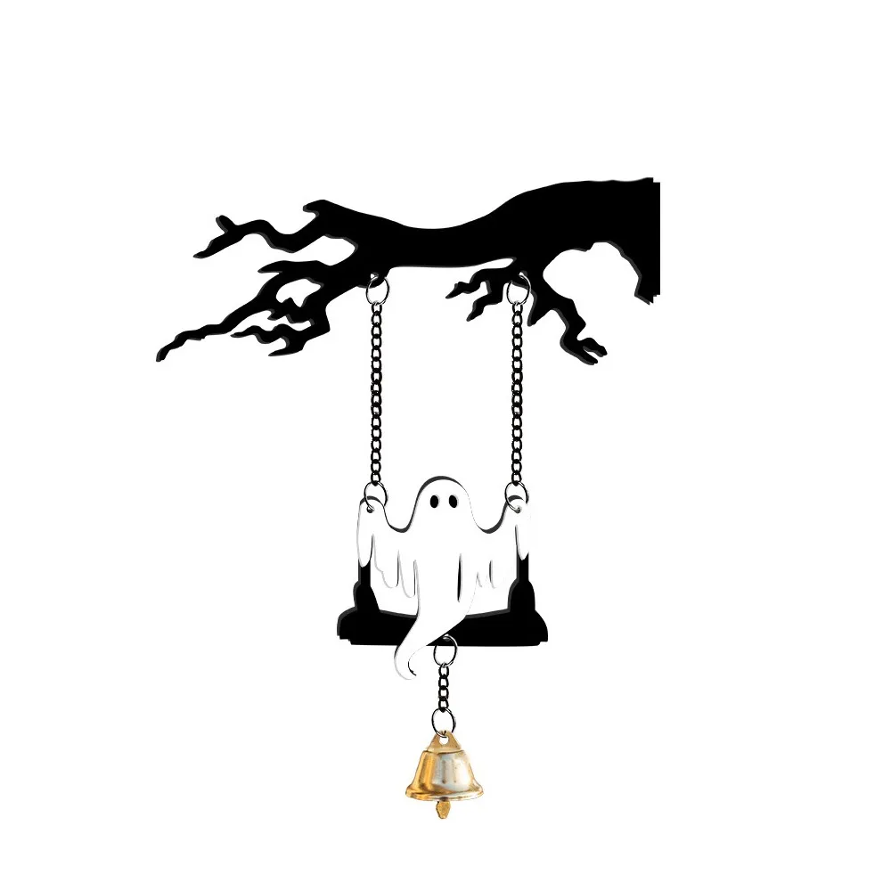 Wall Mounted Halloween Ghost Swinging Doorbell Acrylic Sounding Halloween Branches Hanging Sign Decorative No-drill