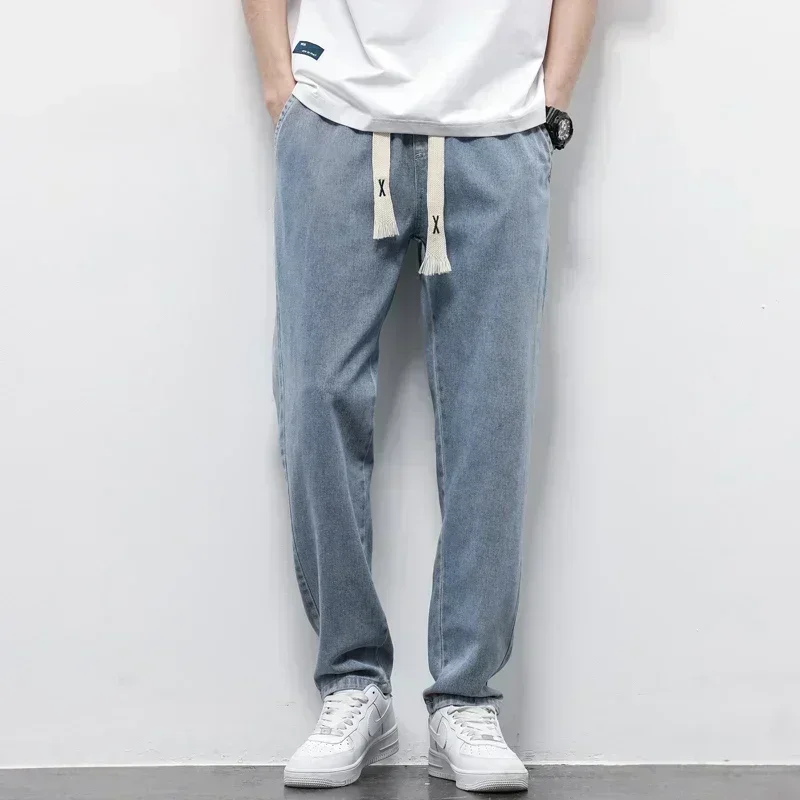 

2025 Spring Autumn Men's Jeans Cotton Soft Drawstring Straight Pants Elastic Waist Vintage Korea Casual Trousers Male Plus Size