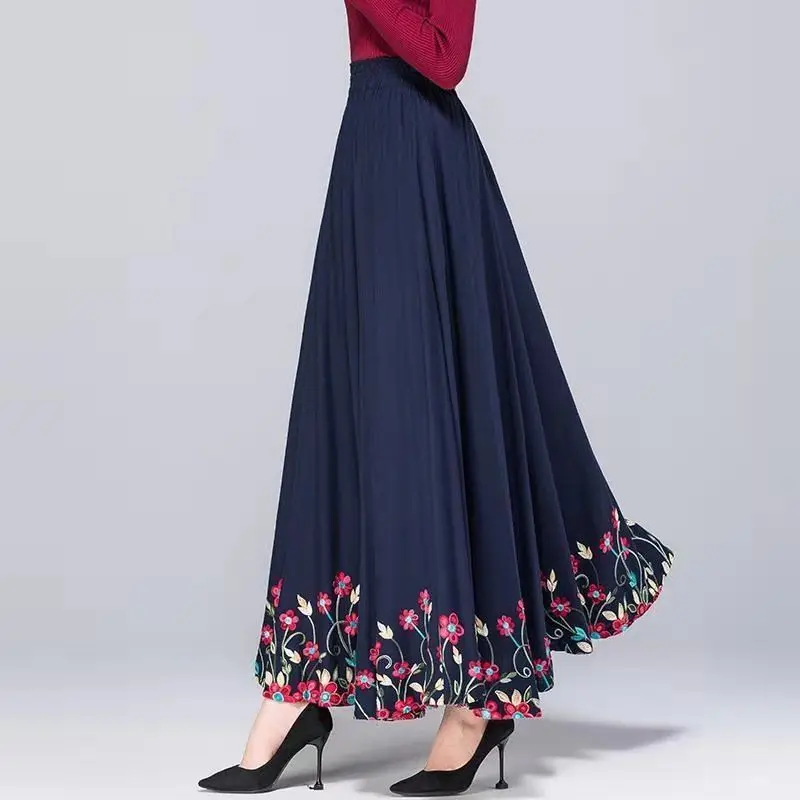 Ethnic Style Square Dance Skirts Women Spring Summer Autumn High Waist Long Skirts Female Cotton Linen Embroidered A-Line Skirt