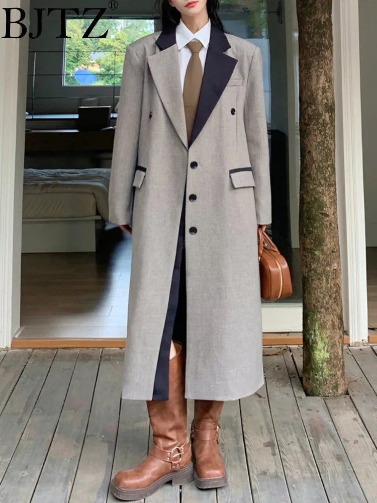 

BJTZ Notched Contrast Color Designer Trench Jacket Women's 2025 Spring Autumn Loose Tide Office Lady Temperament Female Overcoat