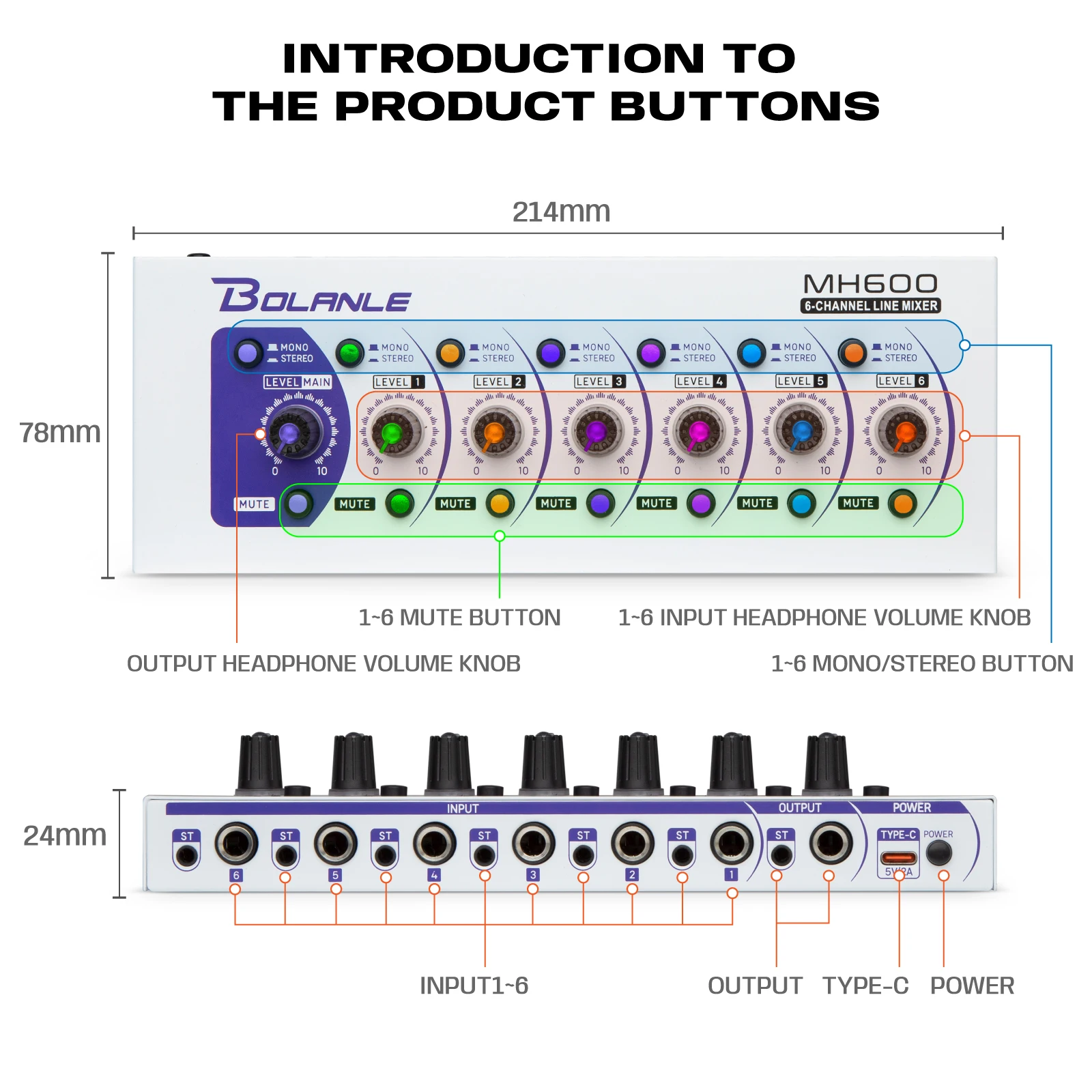 Bolanle MH600 Ultra Low-Noise 6-Channel Line Mixer Equipped with stereo mono switching and mute function RGB lighting effect - Image 6