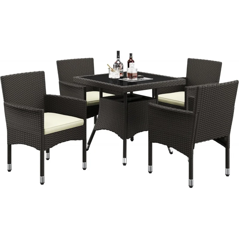 

5PCS Outdoor Rattan Patio Furniture Set, 4 Wicker Dining Chairs with Tempered Glass Table and Hole, Weather Resistant