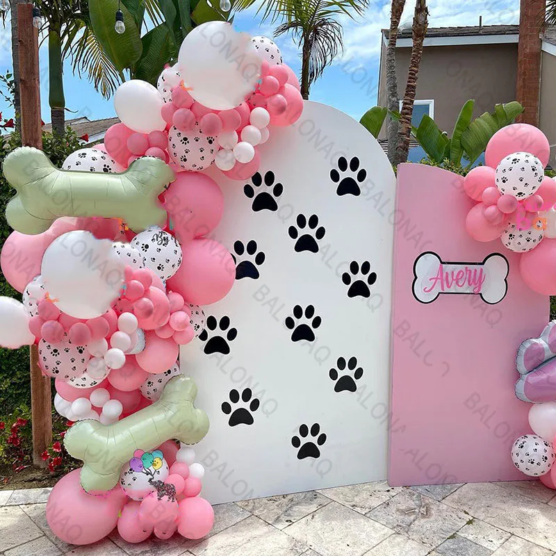 122PCS Hund Thema Party Set Geburtstag Party Dekoration Rosa Weiße Haut Hund Pfote Ballon Knochen Aluminium Film Ballon Dekoration