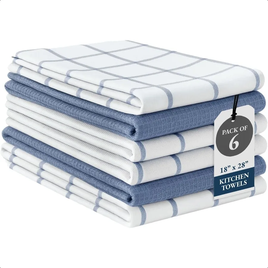 

Cotton Kitchen Towels Set 6Pack Absorbent QuickDrying Dish Towels 18 x 28 Soft Premium Hand and Tea Towels Indigo