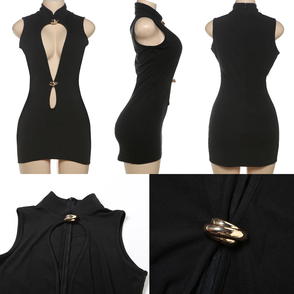Women's Metal Buckle Dress Hollow Sleeveless Tight Sexy Solid Bodycon Dress Mandarin Collar Cutout For Evening Party Trendy Wear