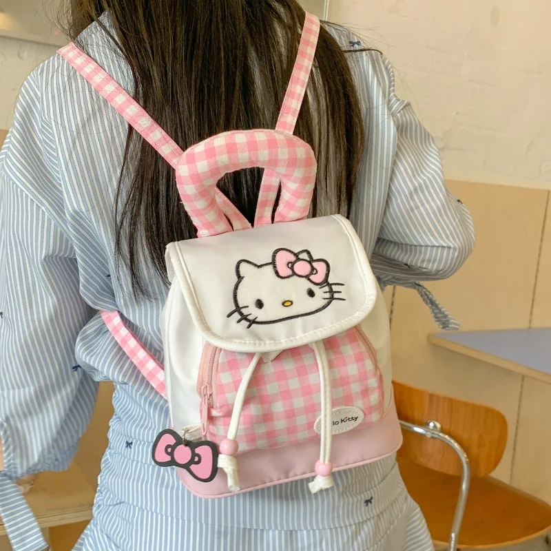 Cute Cartoon Hello Kitty Small Backpack Plaid Drawstring Mini Travel Bag Multi-functional Storage Pouch Kawaii Shoulder Bag