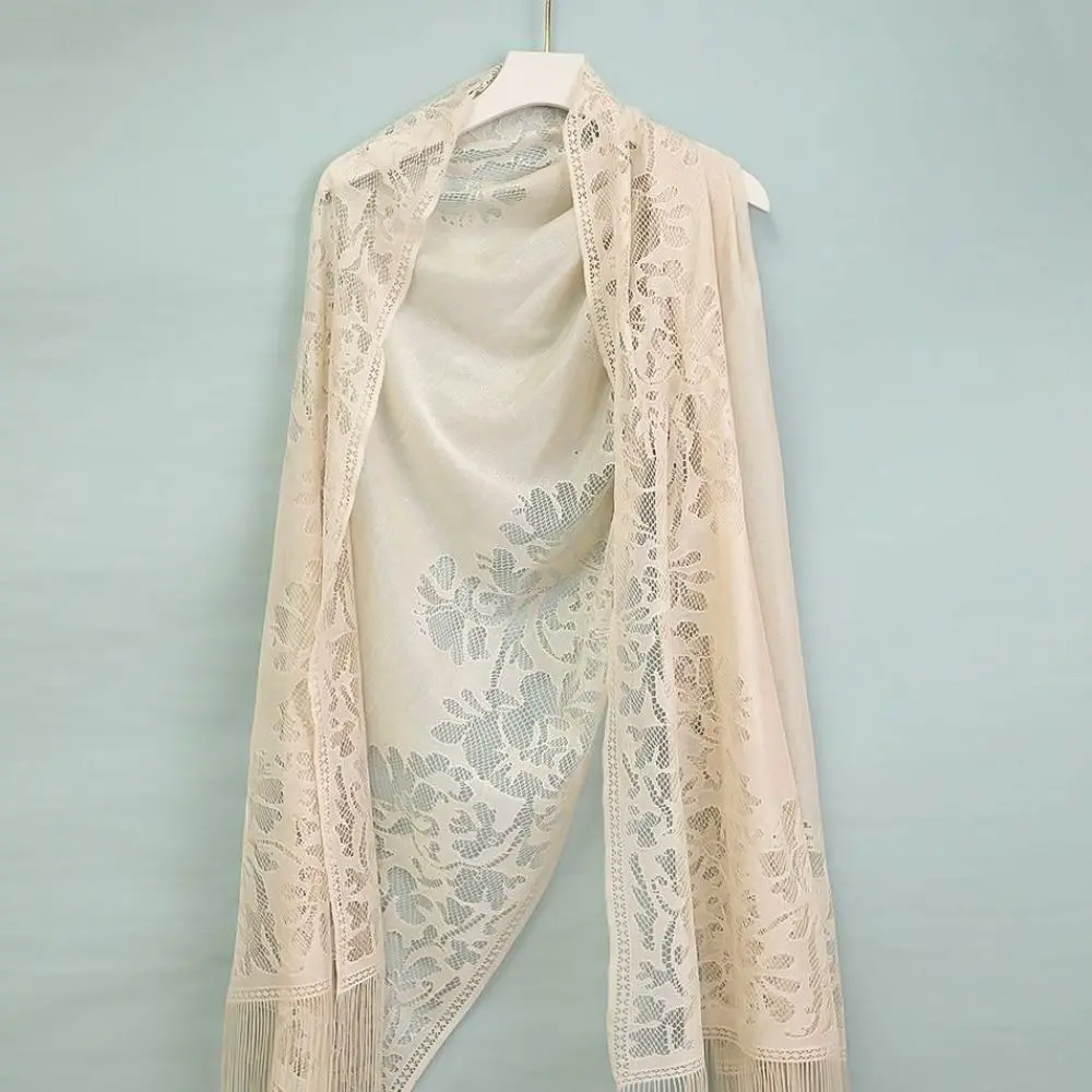 

Vintage Elegant Women's Shawls Floral Embroidery Tassel Scarf Thin Hollow Fringes Wraps Party Dinner