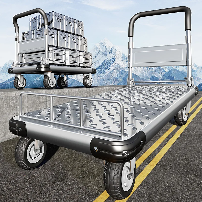 Steel Plate Small Cart Cargo Hand Truck Household Flatbed Portable Trailer Foldable Mini Pushcart Four-Wheel Trolley Airport