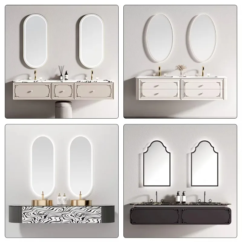 Layered Wall Mounted Bathroom Vanity Multi Storage Drawers Sink Cabinet With Round Smart Mirror Side Storage Cabinet