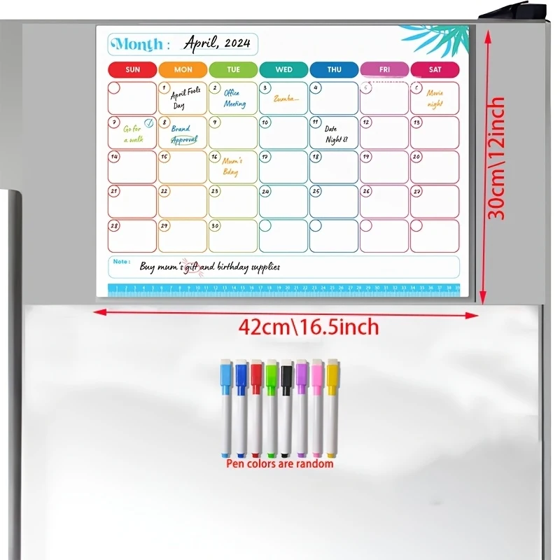 Ultra thick reusable magnetic planning calendar with 8 markers and eraser - including monthly calendar - for refrigerator, wall