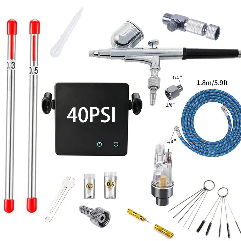

Dual-Action Airbrush with 40psi Auto Stop Compressor Kit Air Brush Spray Gun for Makeup Nail Paint Tattoo Body Cake Car Barber