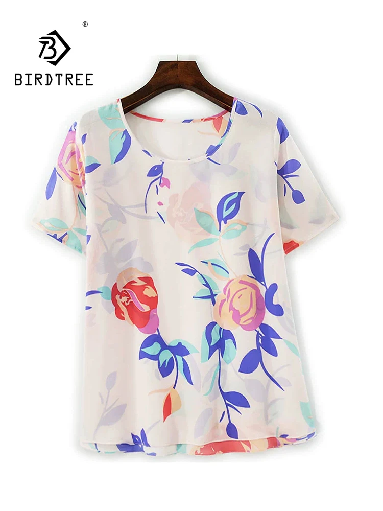 

BirdTree-Silk Elegant T-Shirt, O Neck Short Sleeve Floral Printed, Women Fashion OL Casual Loose Top, 2025 Winter New T5D153CC