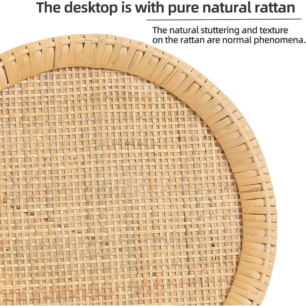 Drink Table，Rattan Round Small Side Table for Small Spaces, Boho Circle End Table Coffee Table with Solid Wood Leg for Living Ro