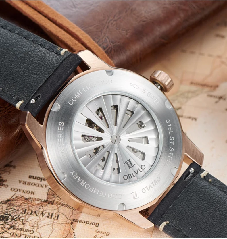 OBLVLO Men Automatic Watch 45MM Vintage Mechanical Wristwatch Luminous 30M Waterproof Dragon Dial Sapphire Mirror