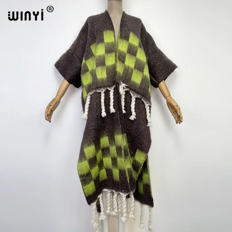 WINYI 2023 Africa Winter Women tassel long Cardigan coat Loose Christmas dress robe longue Thick Warm Plaid printing Kaftan