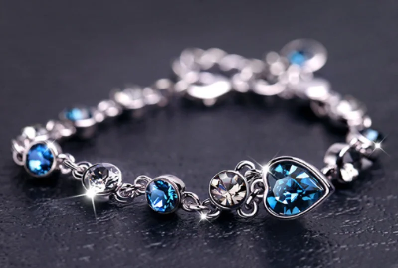 Luxury Ocean Heart Blue Crystal Bracelet for Women Blue Cubic Zirconia Love Charm Bangles Anniversary Valentines Day GiftJewelry