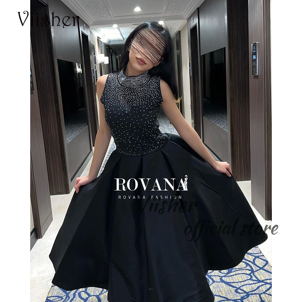 

Black A Line Evening Dresses for Women Beaded Satin High Neck Arabian Dubai Formal Prom Dress Tea Length Evening Party Gowns