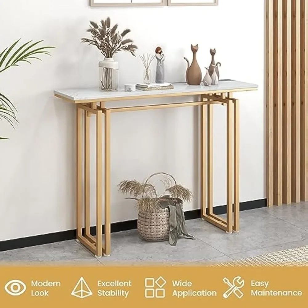 43.5인치 콘솔 테이블, 조절 가능한 발이 있는 인조 대리석 로비 테이블, 골드 프레임, 현대식 출입구 테이블