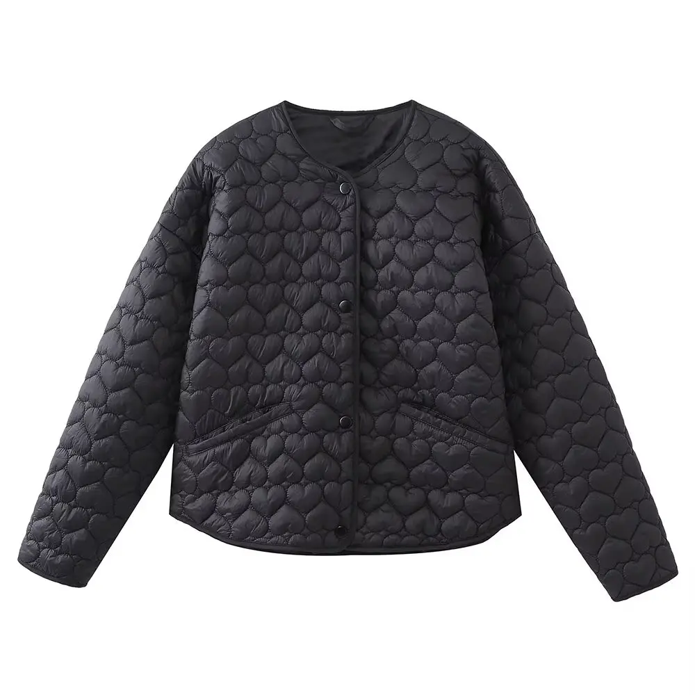 HH TRAF Women Winter Fashion Heart-Shaped Quilted Pocket Cotton Jacket Female Elegant Warm Crew Neck Single-Breasted Casual Coat