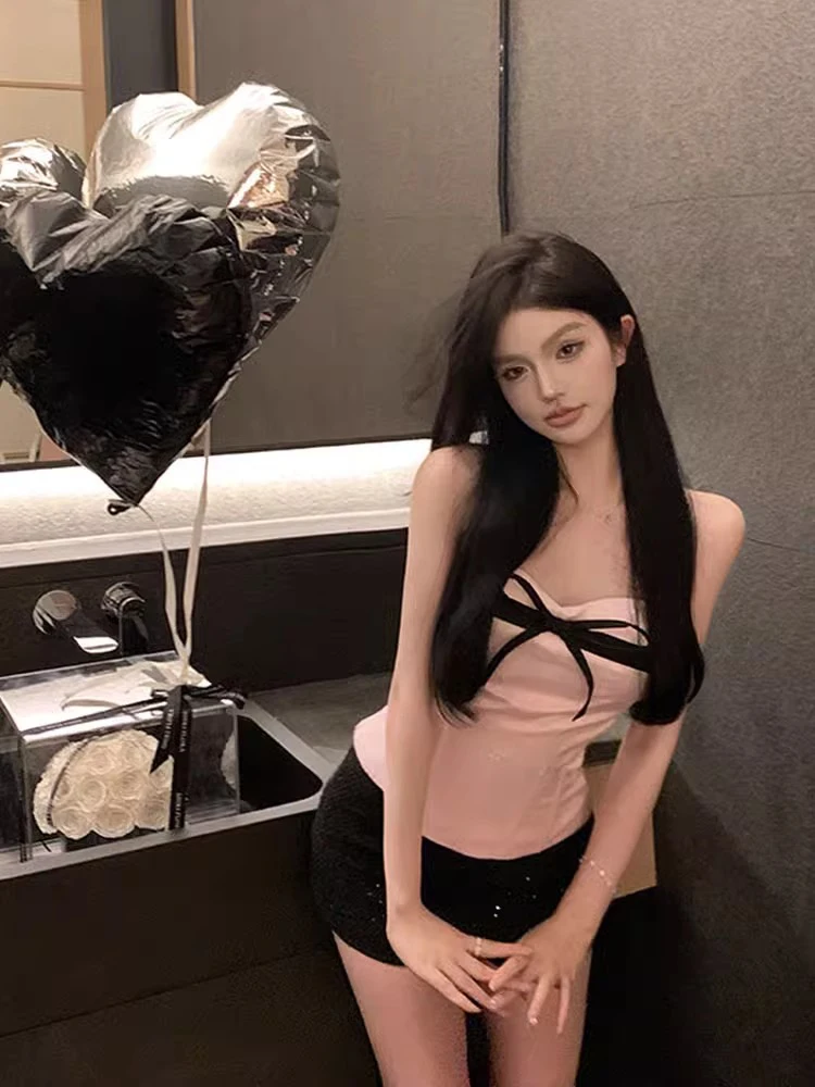 

Розовый атласный топ без рукавов с узлом из волокна, женский осенний жилет с запахом и запахом на груди, повседневный комплект из двух предметов