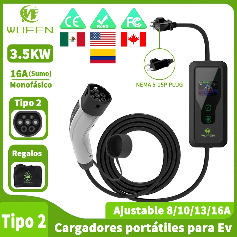 

Портативное зарядное устройство WUFEN Type 2, 110 В, вилка США NEMA 5-15P, макс. 3,5 кВт, Type2, зарядное устройство для электромобилей, 16 А, 1 фаза, вилка для зарядки для автомобиля IEC 62196