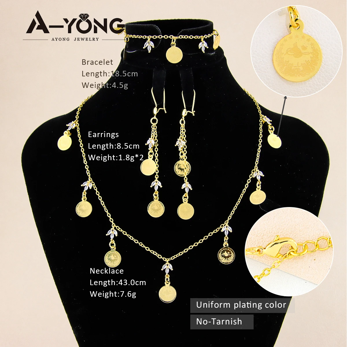 Türkische Münzen Halskette Set 21 Karat vergoldet Kupfer arabische elegante Zirkon Schmuck für Frauen Hochzeits feier Geschenke – Detail 2
