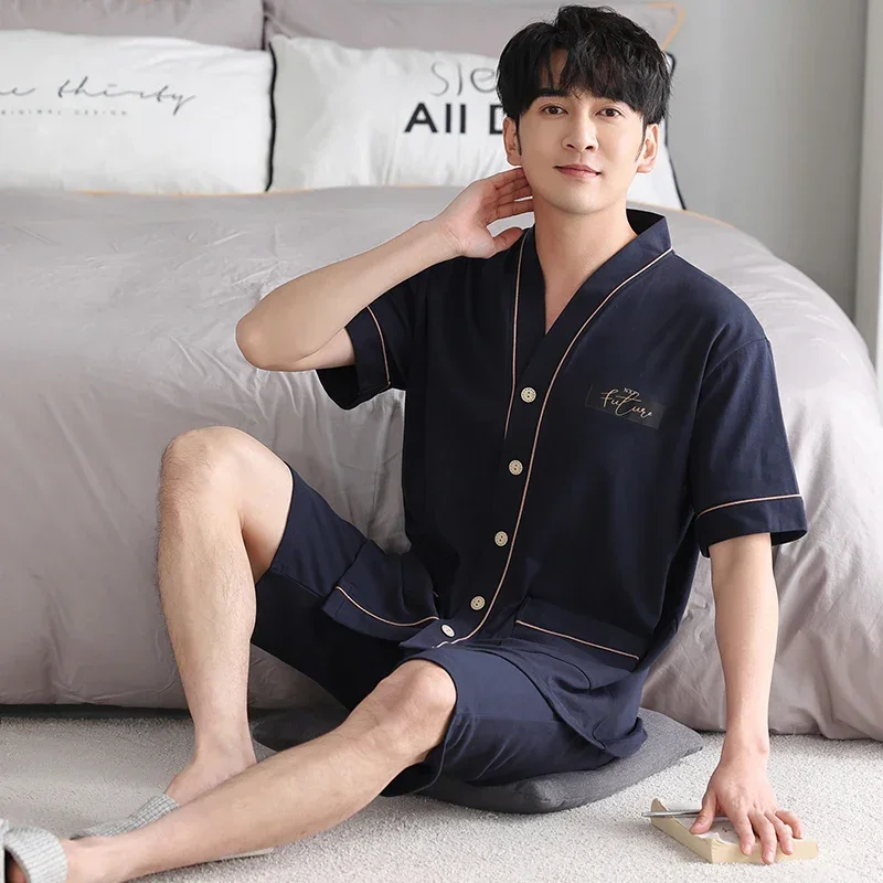 New Knited Cotton Men Short Sleeve Shorts Pajamas Set Male Kimono Nightwear M-4XL Pijamas