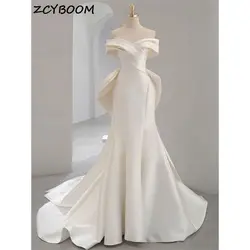 Vestido De novia De satén para mujer, traje elegante con cuello Barco, corte en A, lazo sencillo, cruzado, 2024