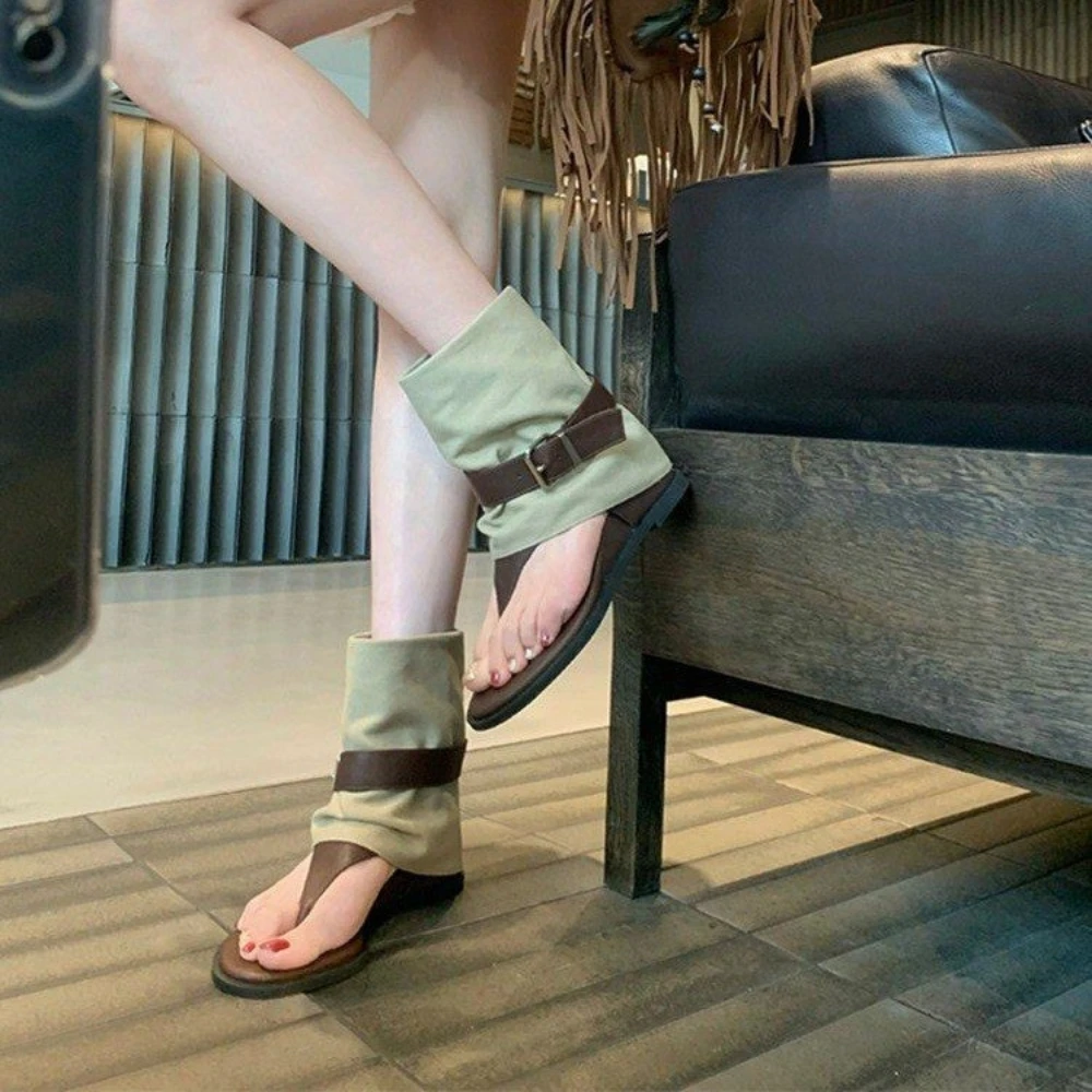 Vintage Color Block Toe Ring Sandals for Women, Fold-Over Suede Roman Boots with Belt Buckle, Flat Heel Gladiator Shoes for view 2